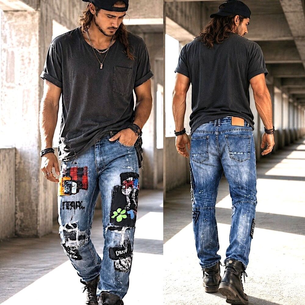 Smoke Rise 36x32 Urban Grunge Patch Distressed Jeans Graffiti Punk Streetwear